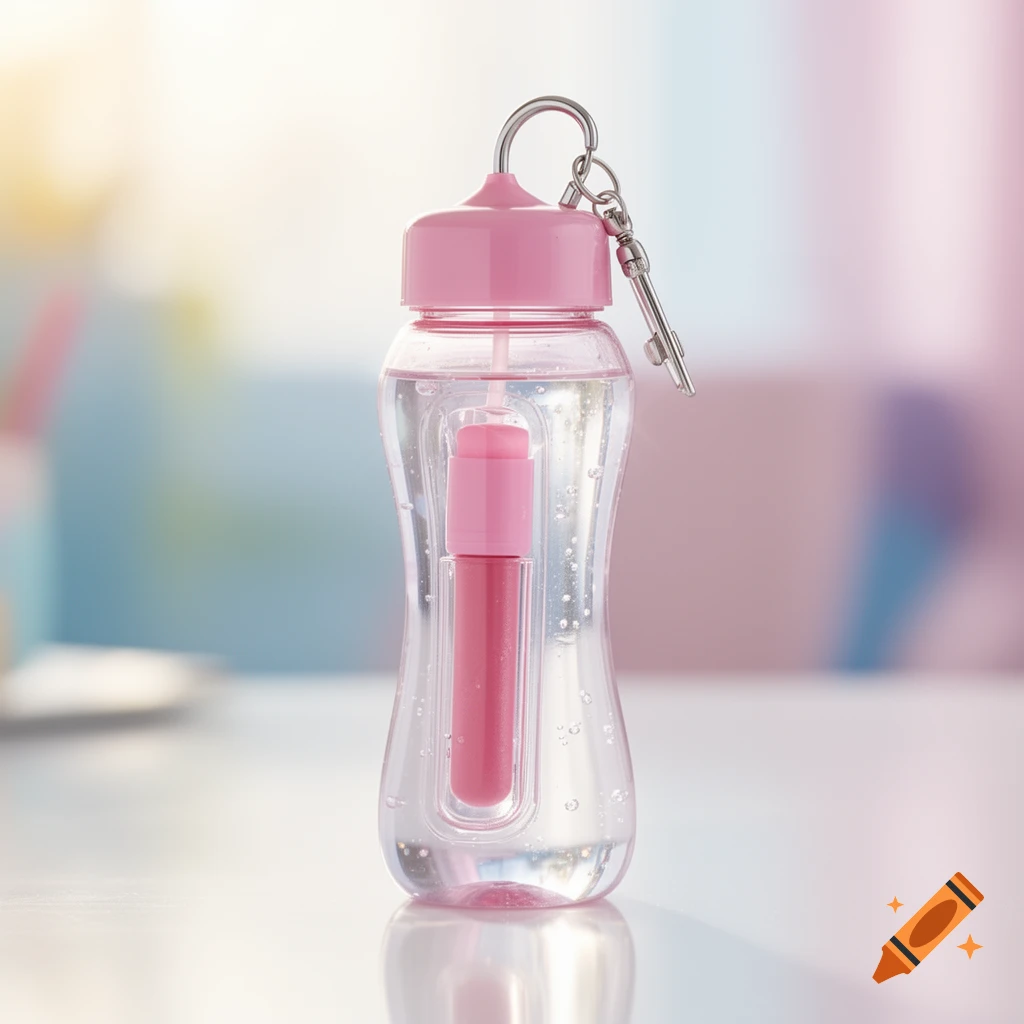 A clear, pink-capped water bottle with a pink lip gloss holder inside, attached to a metal keychain, standing on a reflective surface.
