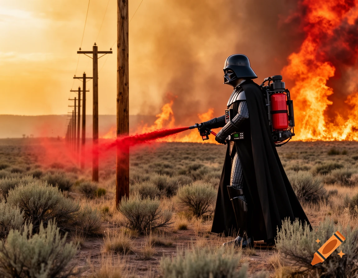 Photorealistic image of Darth Vader in a desert, spraying red fire retardant towards wooden power poles as a large wildfire burns behind him.