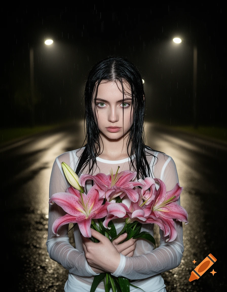Ultra-realistic cinematic night portrait of a young woman with wet black hair, holding pink lilies in the rain, with street lamps in the background.