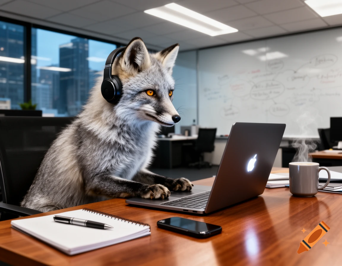 A photorealistic silver fox with headphones works on a laptop at a desk in a modern office.