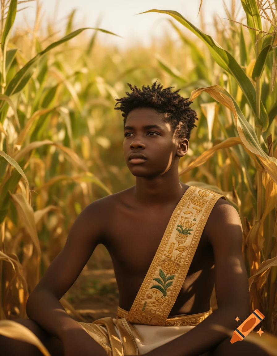 A young dark-skinned male with dreadlocks and an Egyptian-style sash sits in a sunlit cornfield.