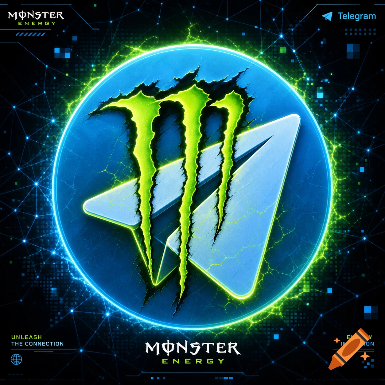 A vibrant digital art piece featuring the green Monster Energy logo ripping through a blue circular Telegram logo, surrounded by glowing network lines.