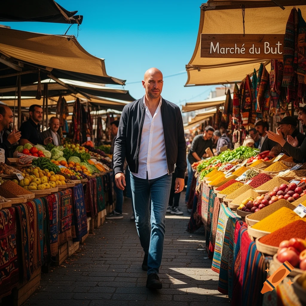 A bald man walks through a bustling outdoor market with stalls full of colorful spices and fresh produce under a clear blue sky.