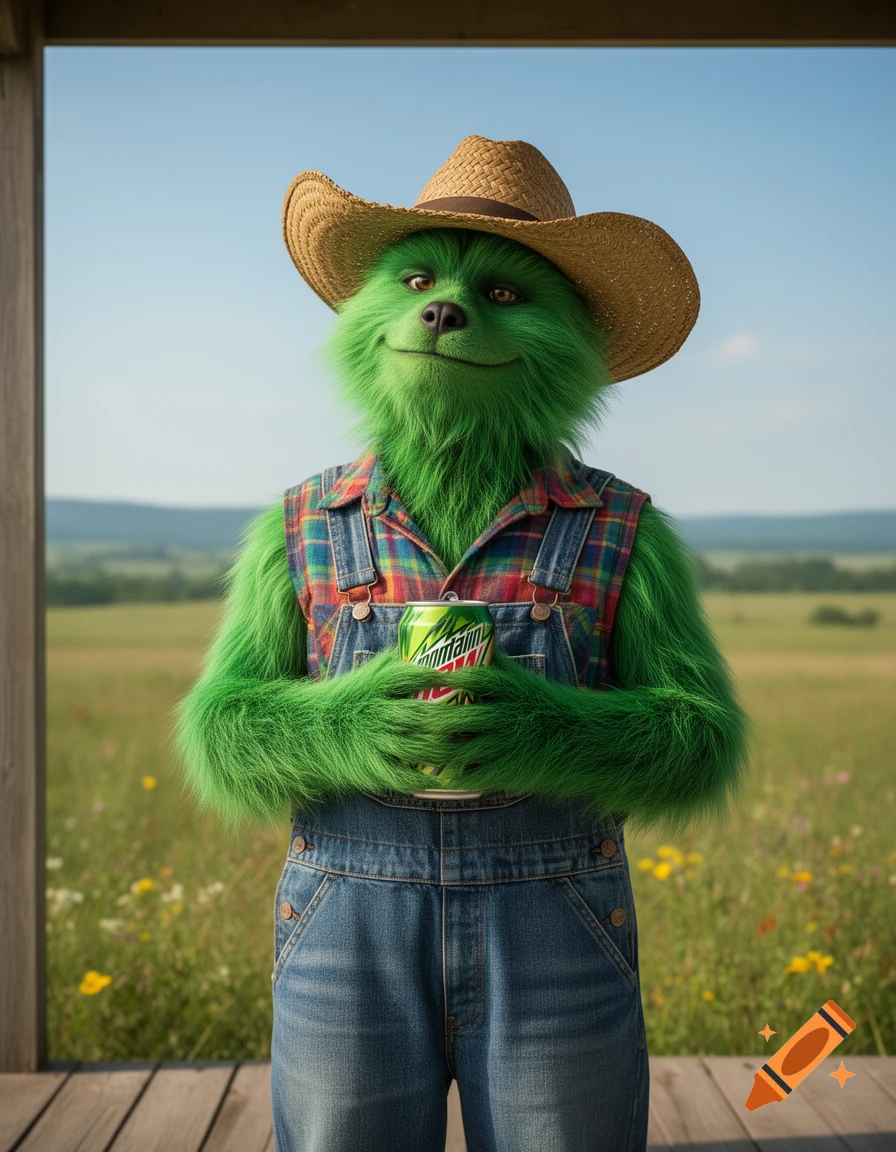 A green furry creature wearing a straw hat and denim overalls smiles while holding a soda can on a rural porch.