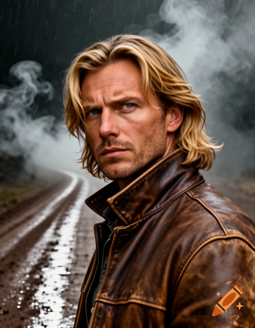 Medium close-up photorealistic cinematic portrait of a determined man with blonde hair and a weathered face, wearing a worn leather jacket, standing on a dark, rain-slicked dirt road with atmospheric fog.