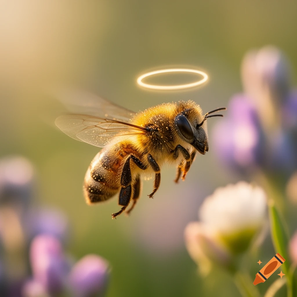 A photorealistic bee with a glowing halo flying among soft-focus purple and white flowers.