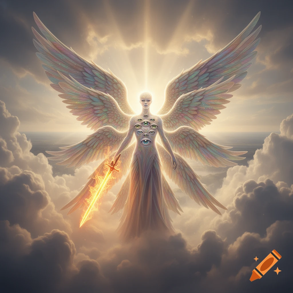 An ethereal biblically accurate angel with many eyes and multiple iridescent wings stands in clouds, holding a glowing golden sword under a bright light.