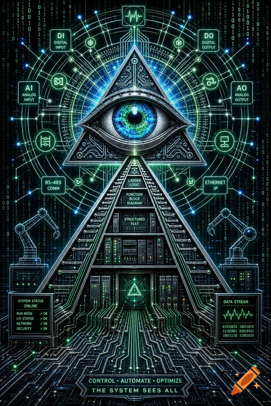 A tech-themed "All-Seeing Eye" pyramid, rendered as a circuit board with glowing green lines, binary code, and digital readouts.