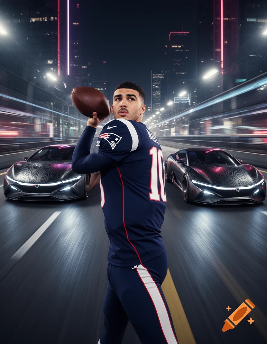 A football player in a Patriots jersey, number 10, holding a football, stands on a blurred city street at night with two futuristic cars behind him.
