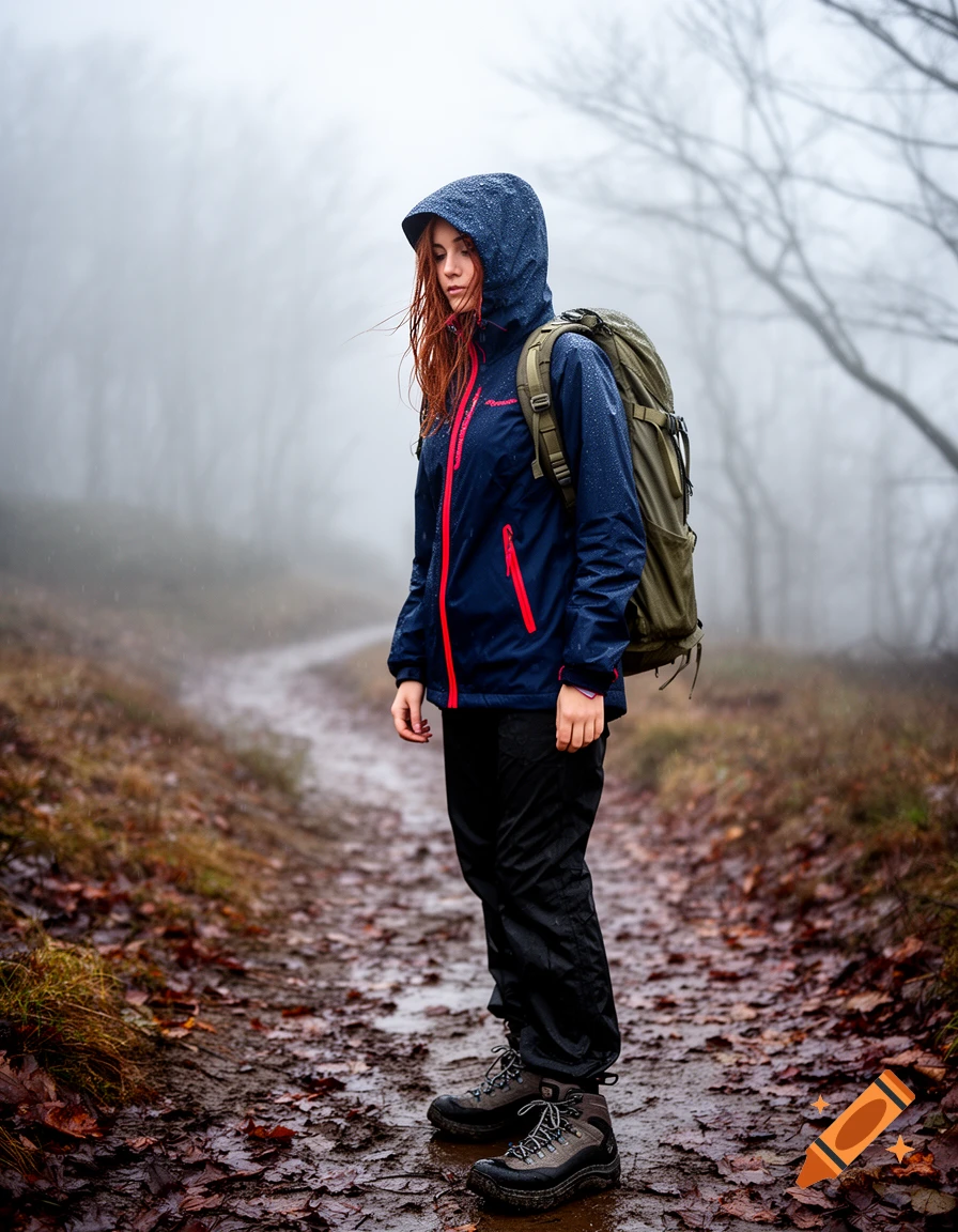 A young woman in a blue hooded jacket and backpack stands on a muddy, leaf-covered trail in a misty, rainy forest.