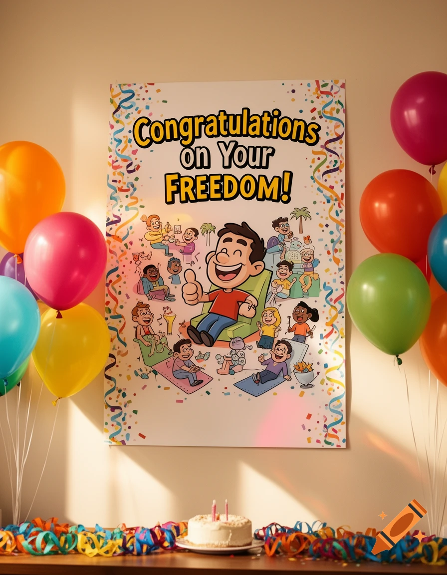A celebratory party scene with colorful balloons, streamers, a cake, and a prominent poster with a cartoon man and text 'Congratulations On Your FREEDOM!'