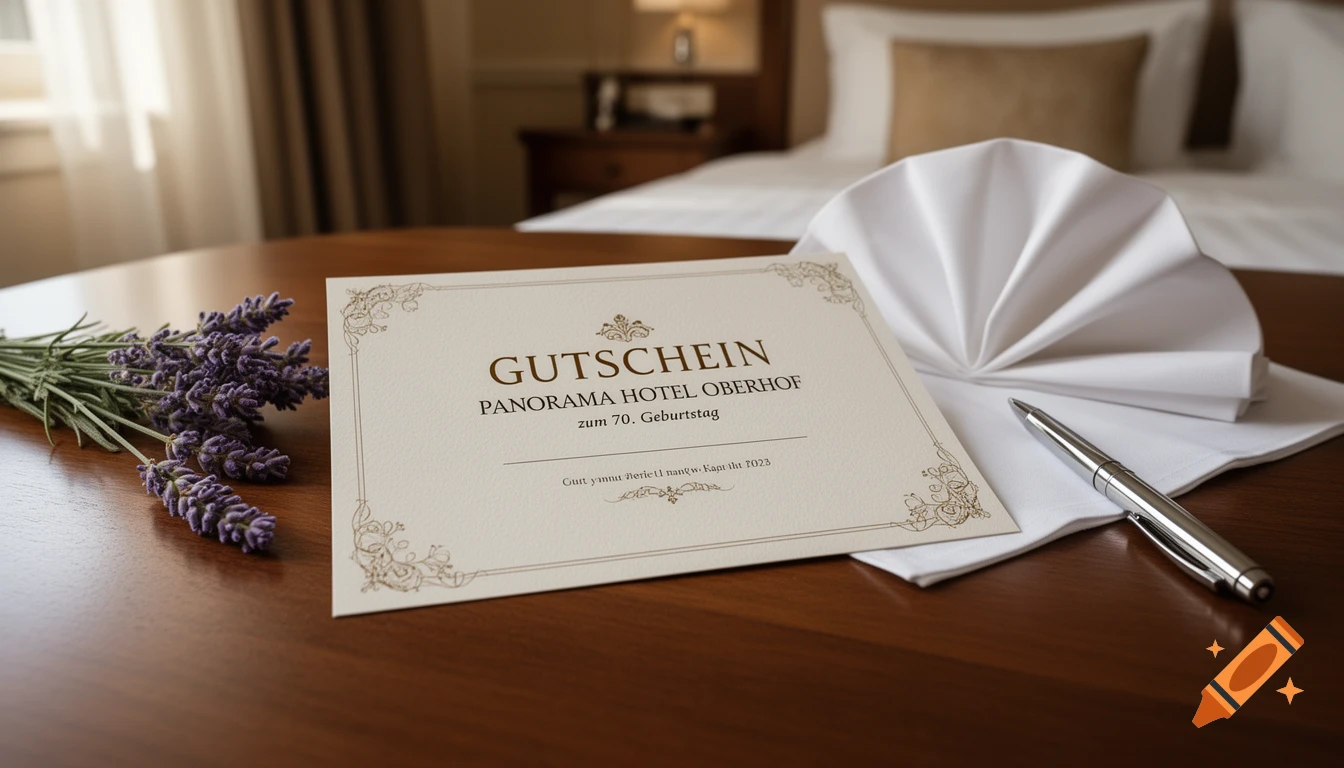 A beige gift voucher for Panorama Hotel Oberhof for a 70th birthday, a silver pen, and lavender sprigs on a wooden table in a hotel room.