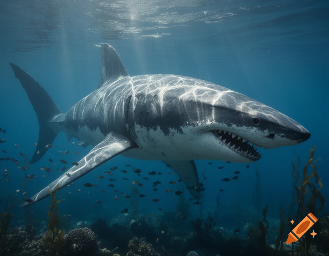 A large, photorealistic great white shark swims underwater with sun rays dappling the water and small fish and coral below.