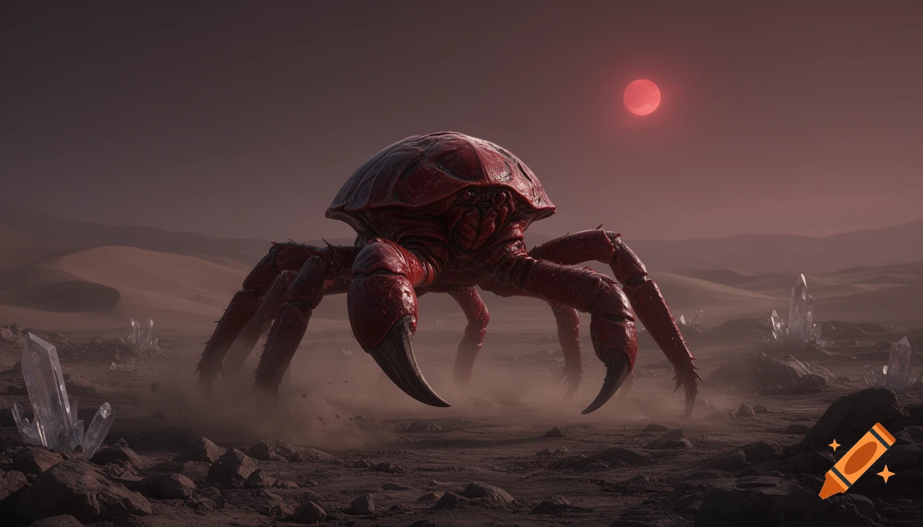 A giant, red, alien coconut crab creature stands on a desolate, reddish-brown alien planet under a twilight sky with a dim red sun.