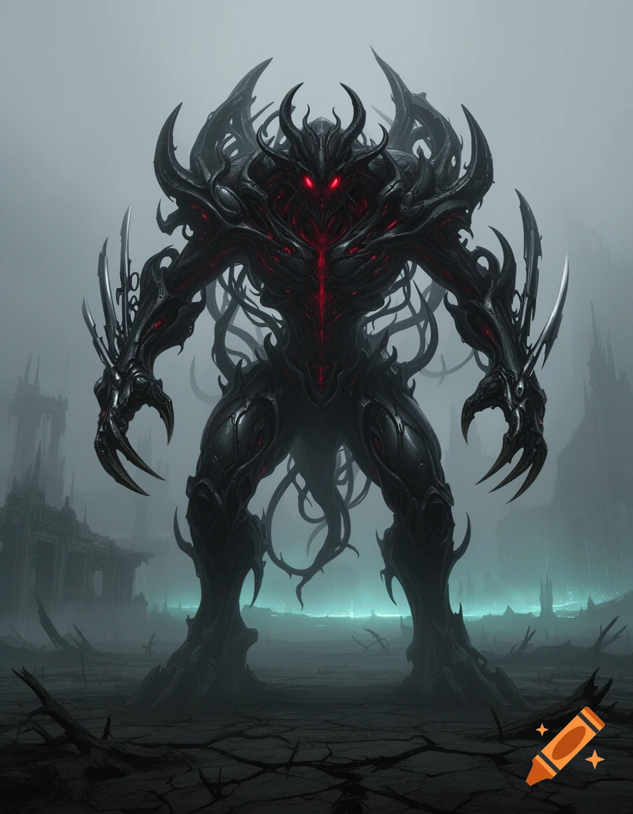A monstrous, dark, horned creature with glowing red eyes and intricate, thorny armor stands in a desolate, misty landscape with ruins.
