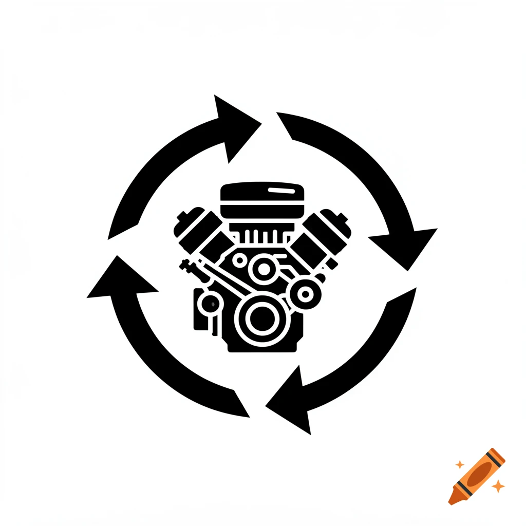 Black icon of a car engine surrounded by four circular arrows on a white background.