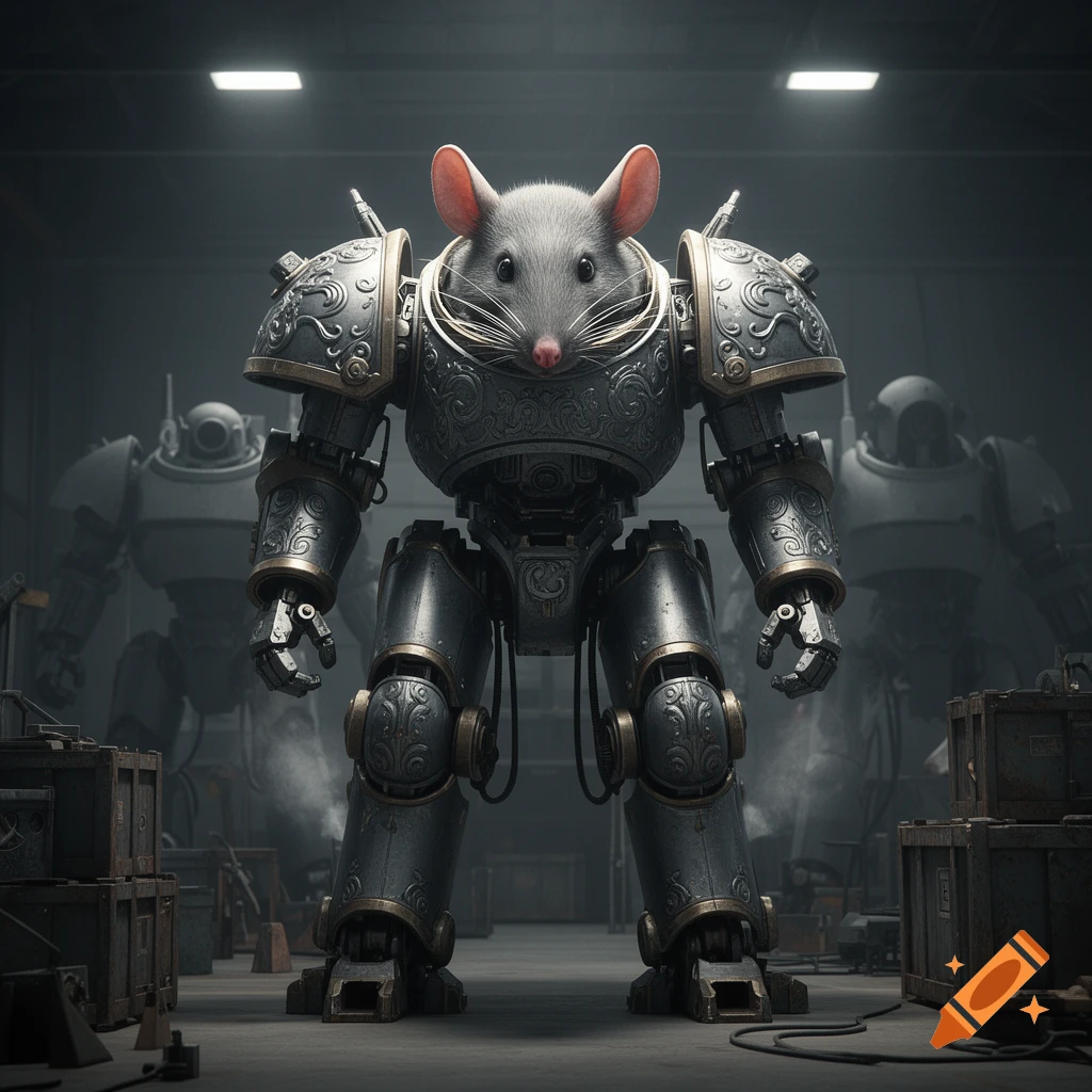 A grey rat with pink ears and nose in an ornate, dark metal robot suit, standing in a dimly lit hangar with other robots.