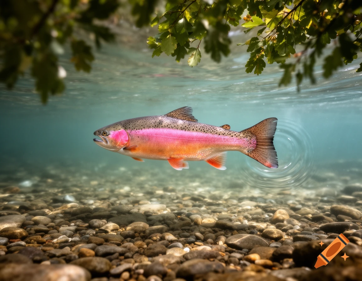 A vibrant pink and orange salmon swims underwater in a clear river with a rocky bottom, green leaves visible above the surface.