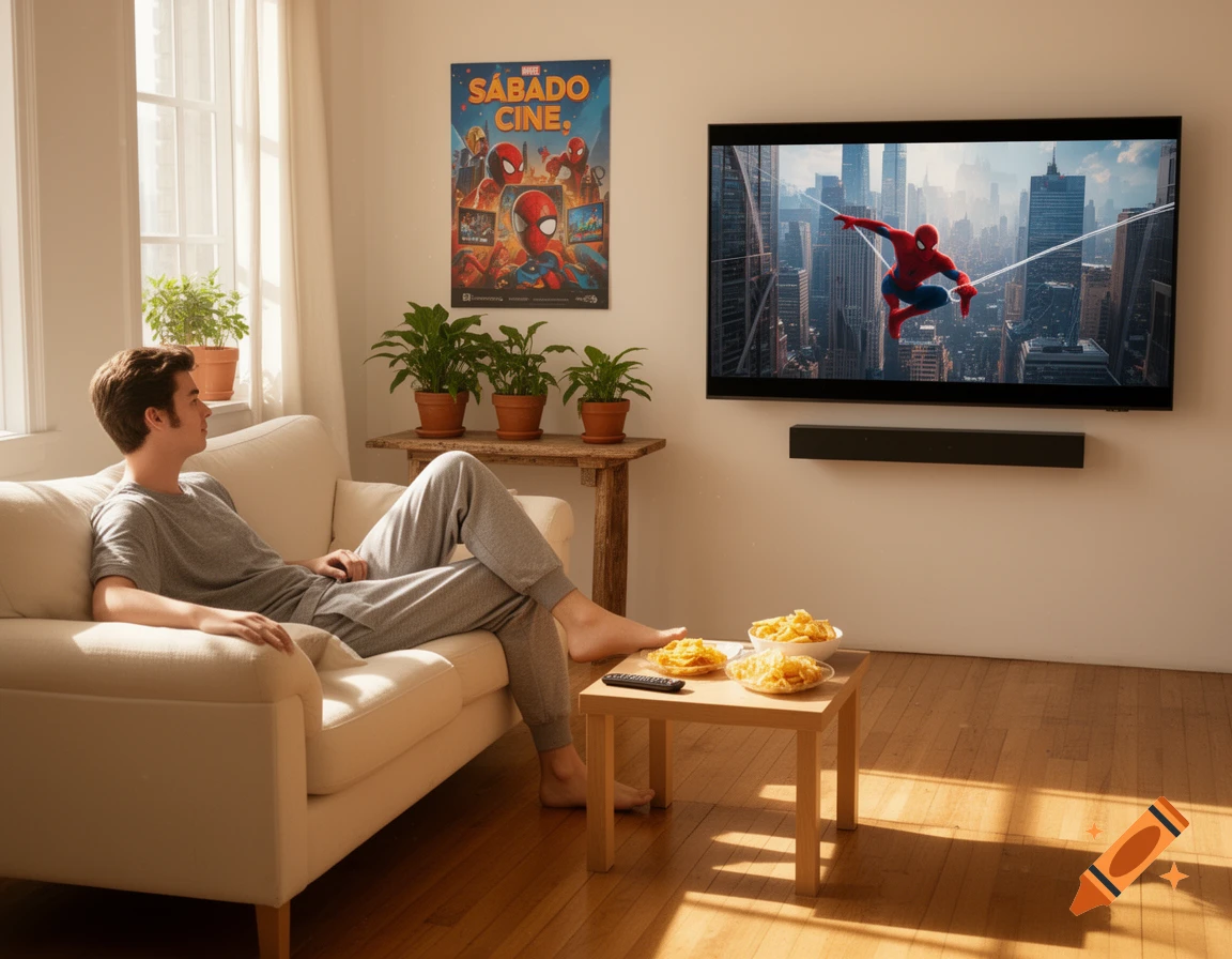 A person relaxes on a couch, watching Spider-Man on a large TV in a sunlit living room with plants.