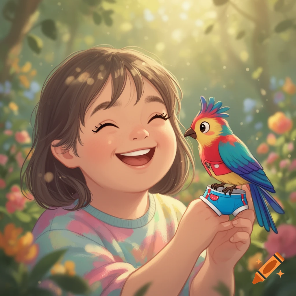 Smiling child with brown hair in a sunny garden holding a colorful cartoon bird wearing blue underwear.