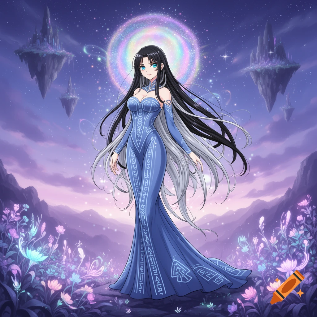 An anime woman with long black and white hair in a blue patterned dress stands in a magical landscape with glowing flowers and floating islands.