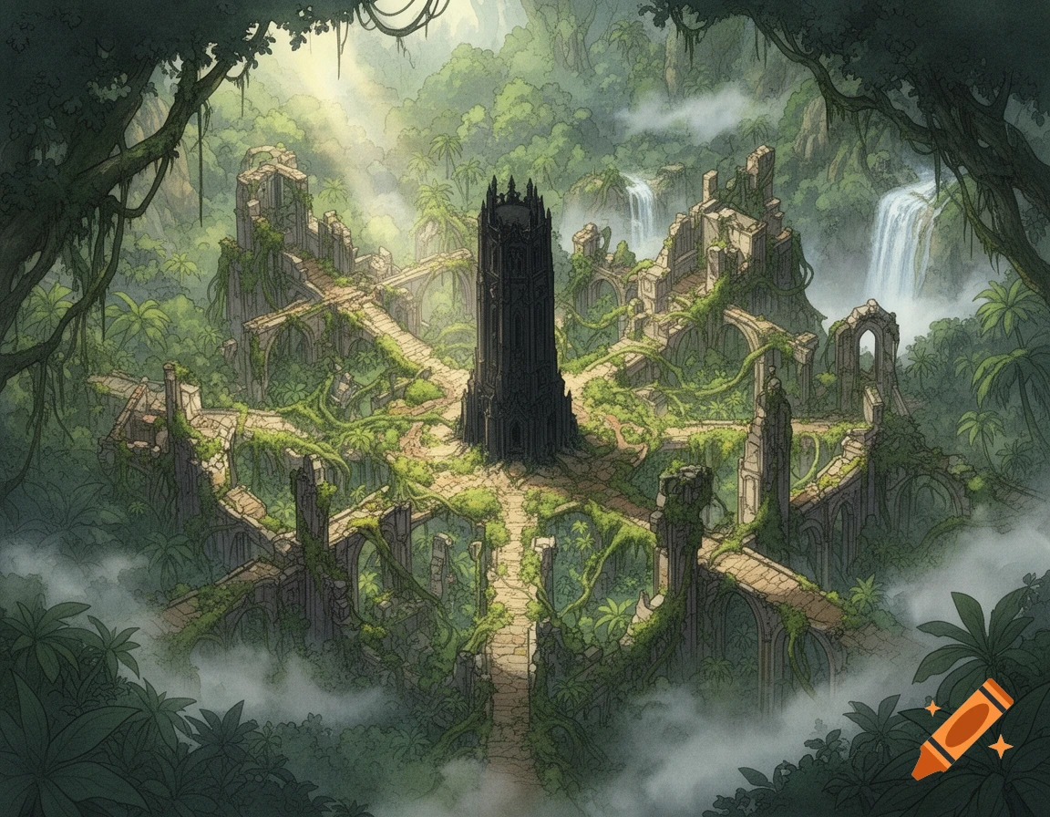 A plan view illustration of a ruined fantasy city with a dark central tower, overgrown in a lush, misty jungle with waterfalls.
