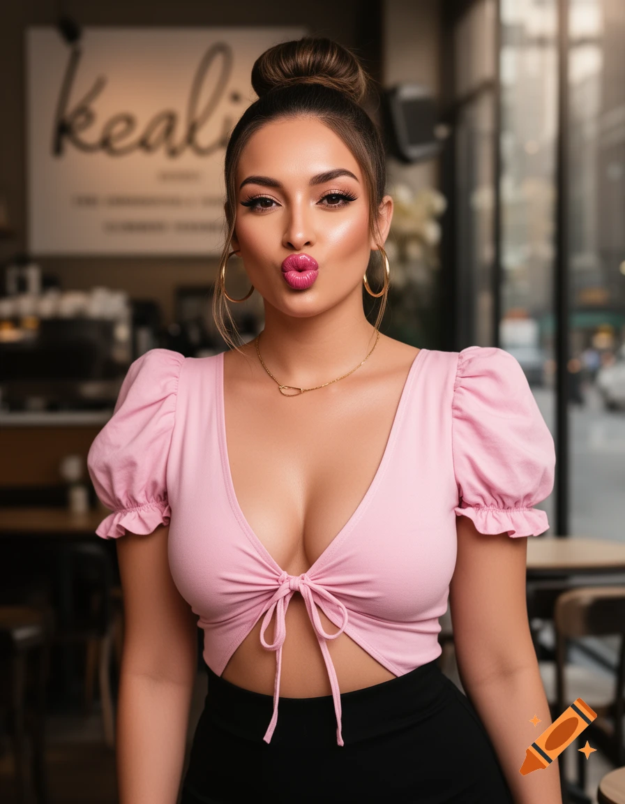 Photorealistic portrait of a woman in a pink crop top with a duck-lip pout, gold jewelry, in a cafe.