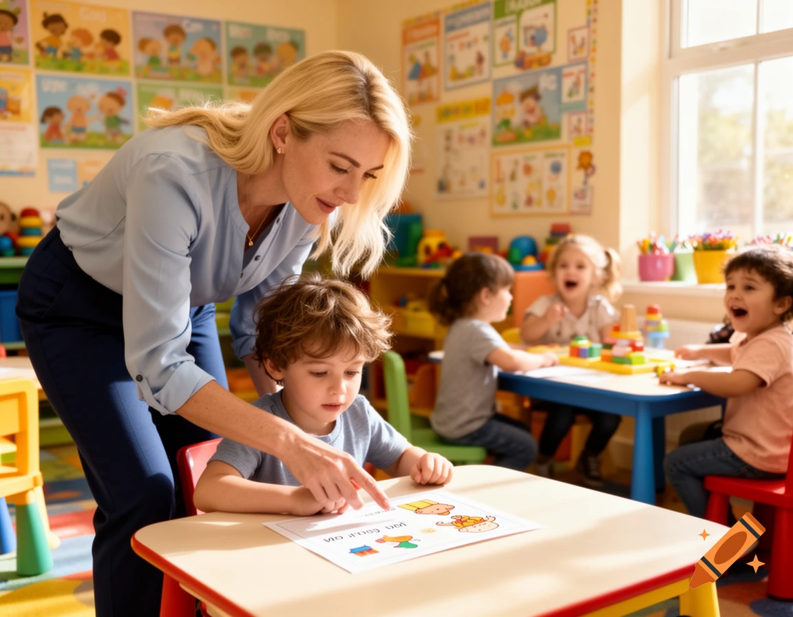 Blonde teacher helping a young student with a worksheet in a sunlit classroom, with other children playing in the background.