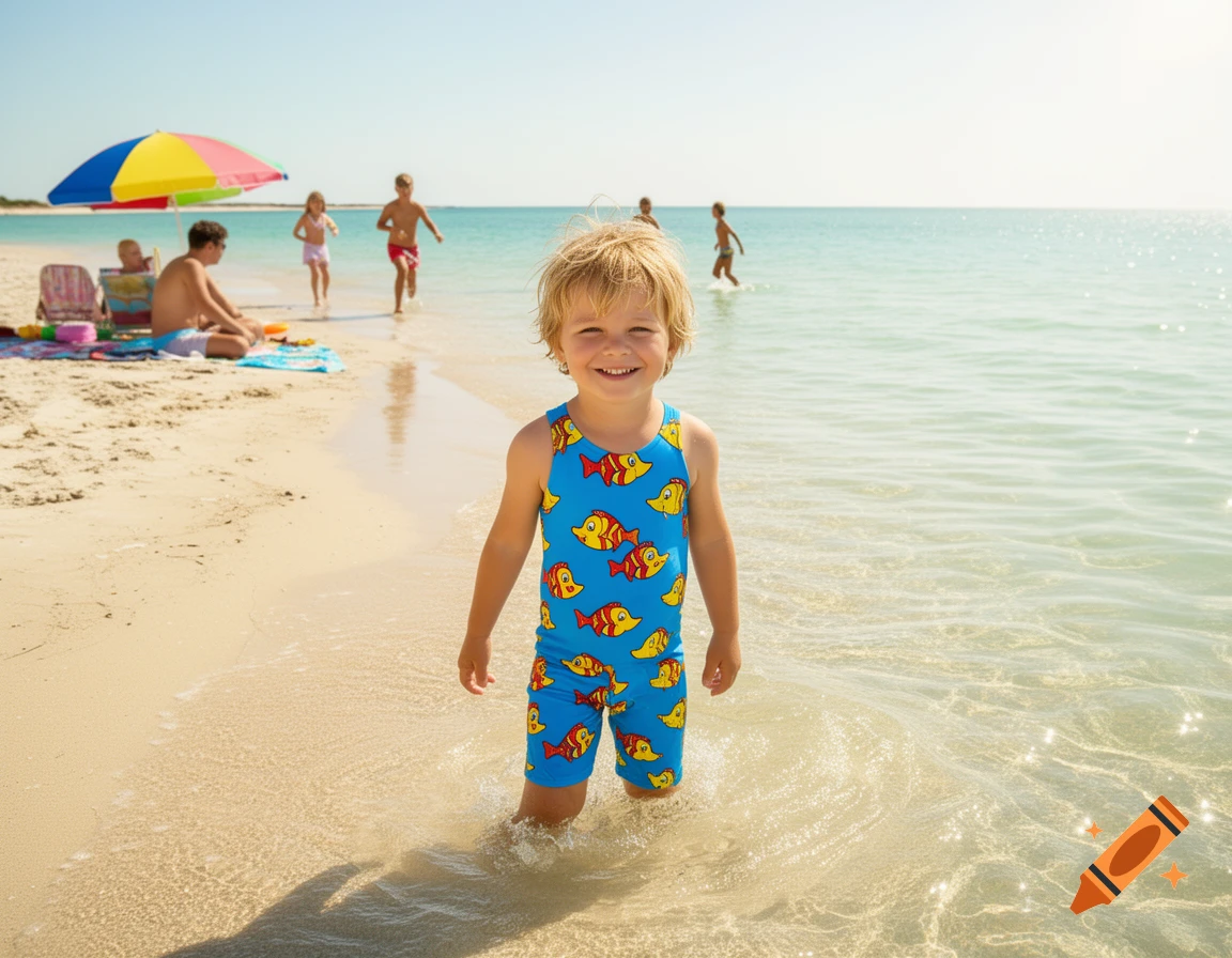 A smiling little boy in a blue fish-patterned swimsuit stands in shallow water at a sunny beach, with other people and an umbrella in the background.