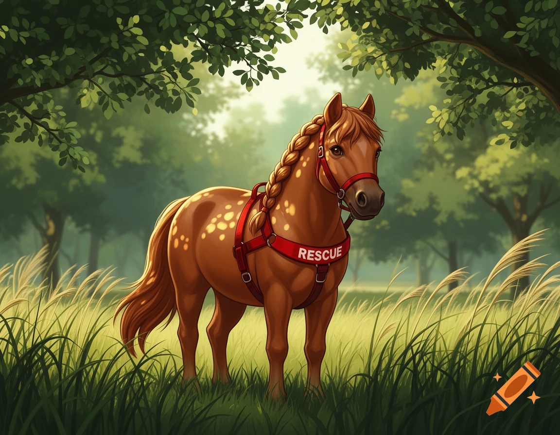A cartoon brown pony with a braided mane and a red 'RESCUE' harness stands in a grassy forest.