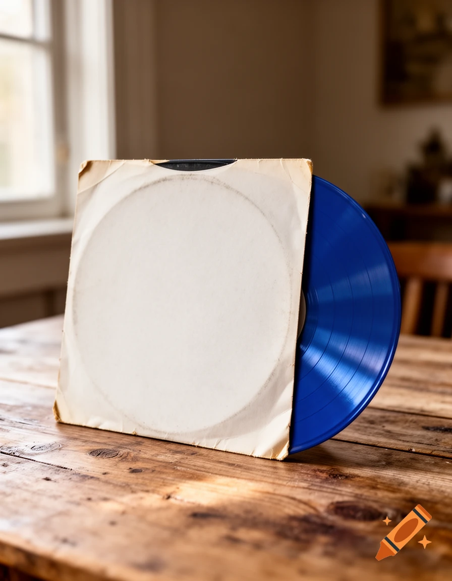 A blue vinyl record partially inserted into a worn white paper sleeve, standing on a wooden table. Photorealistic.