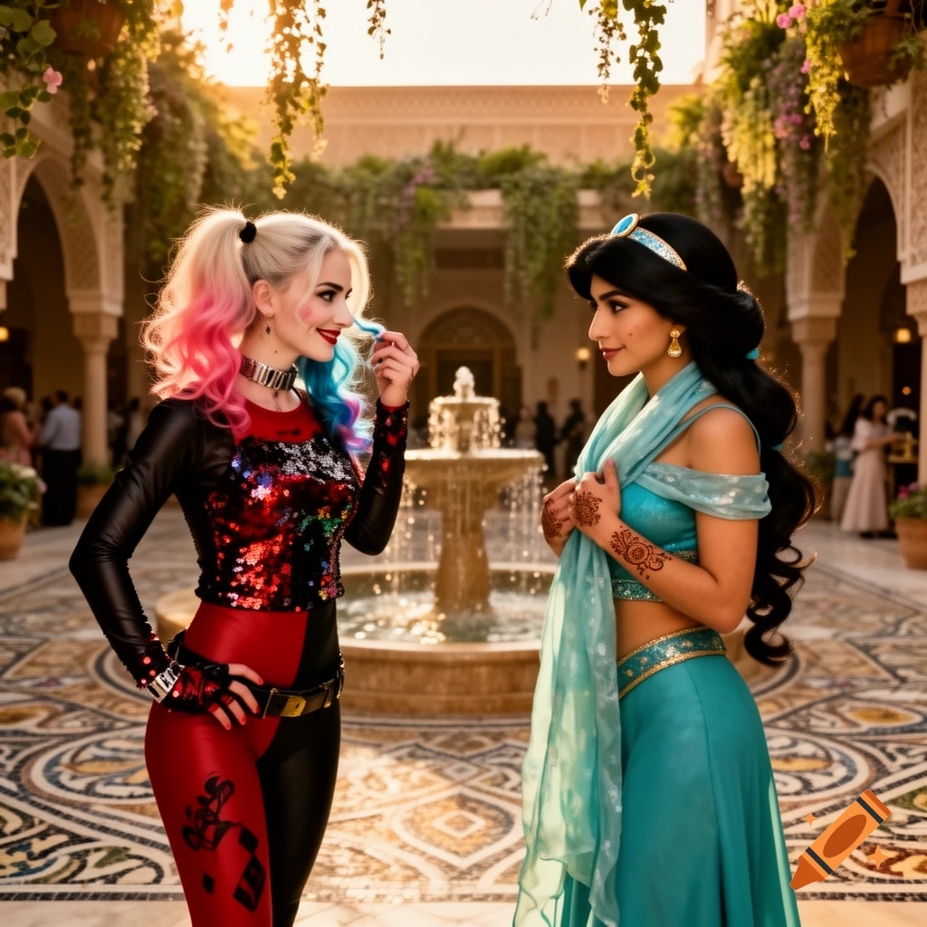 Harley Quinn and Princess Jasmine in costumes facing each other in an ornate, sunlit palace courtyard with a fountain.
