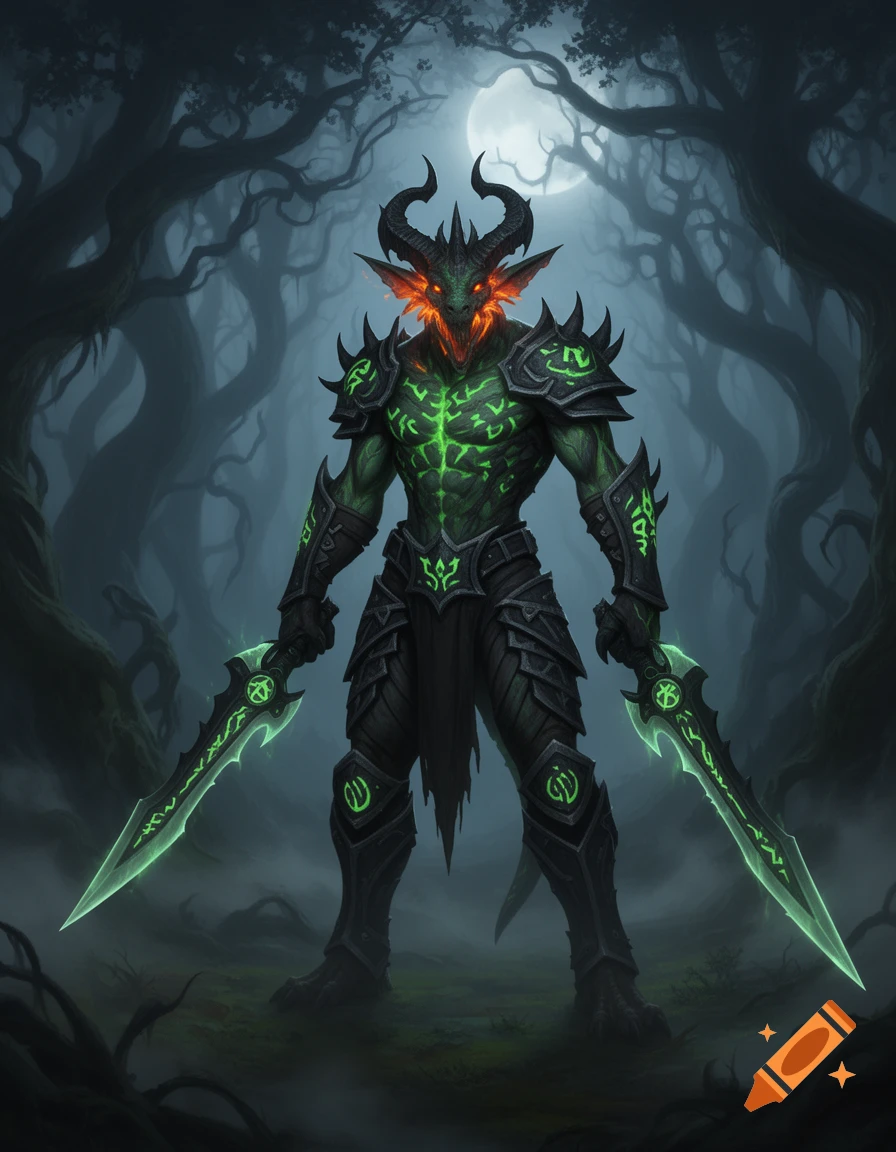 A demonic fantasy warrior in black spiky armor with glowing green runes and a fiery face, holding two glowing green swords in a dark, misty forest under a full moon.