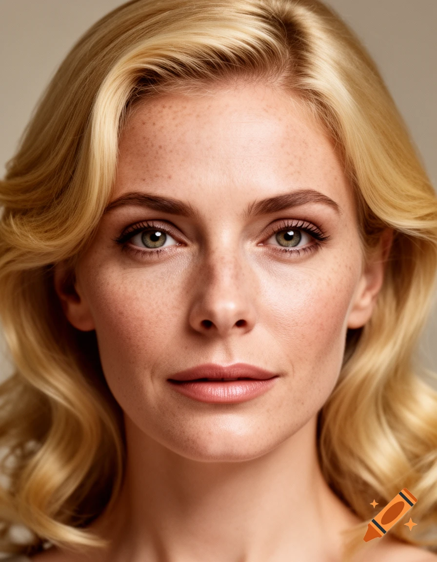 Close-up photorealistic portrait of a woman with blonde wavy hair, green eyes, and freckles.