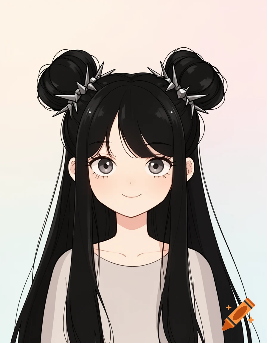 An anime girl with long black hair, space buns, and spiked hair accessories, wearing a light grey top.