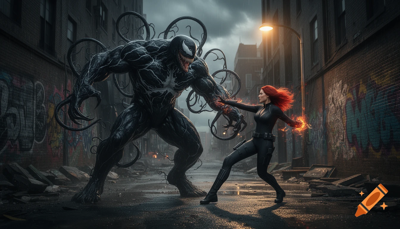 Venom battles Black Widow in a dark, rainy city alley. Black Widow wields energy blasts against the monstrous symbiote.
