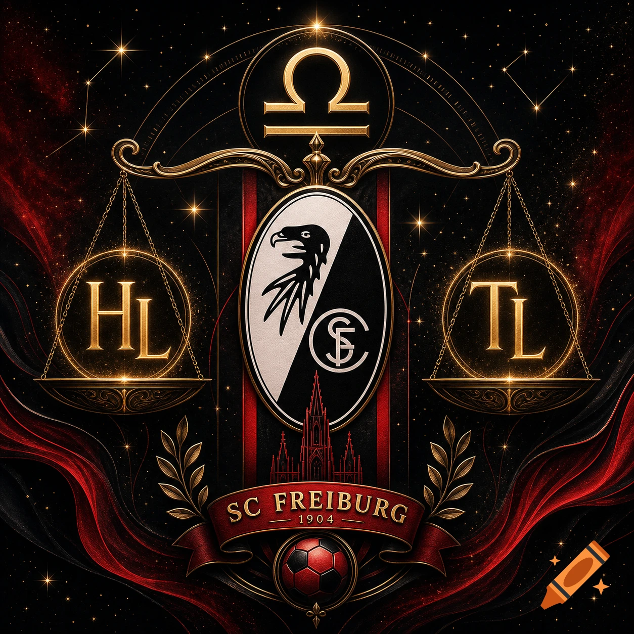 Ornate crest with golden Libra scales, 'HL' and 'TL' text, SC Freiburg logo, 'SC FREIBURG 1904' text, and a red soccer ball on a ribbon, against a starry background.
