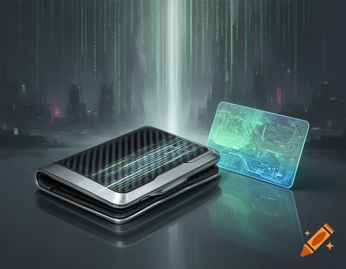 A sleek metallic and carbon fiber digital wallet next to a glowing, translucent digital ID card with circuit patterns, against a futuristic cityscape with falling green code.