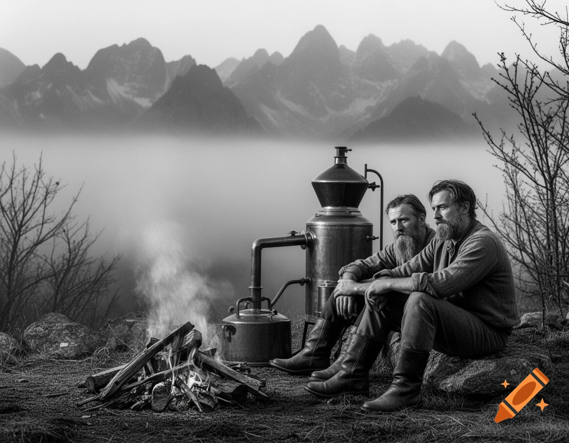 Two bearded men sit by a still and campfire in a foggy, mountainous monochrome photo.
