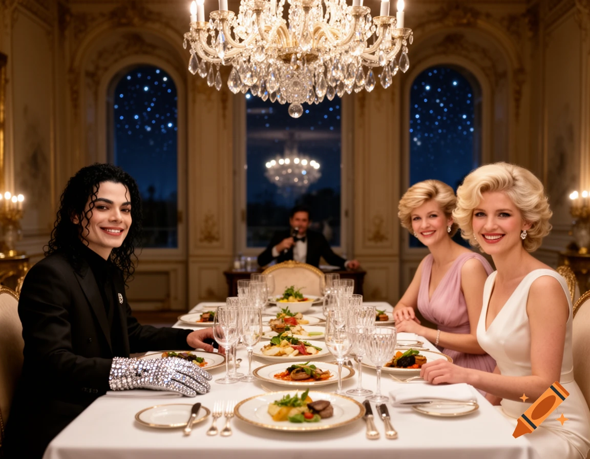 Michael Jackson, Princess Diana, and Marilyn Monroe lookalikes have dinner at a lavish table in a grand room with chandeliers and starry windows.