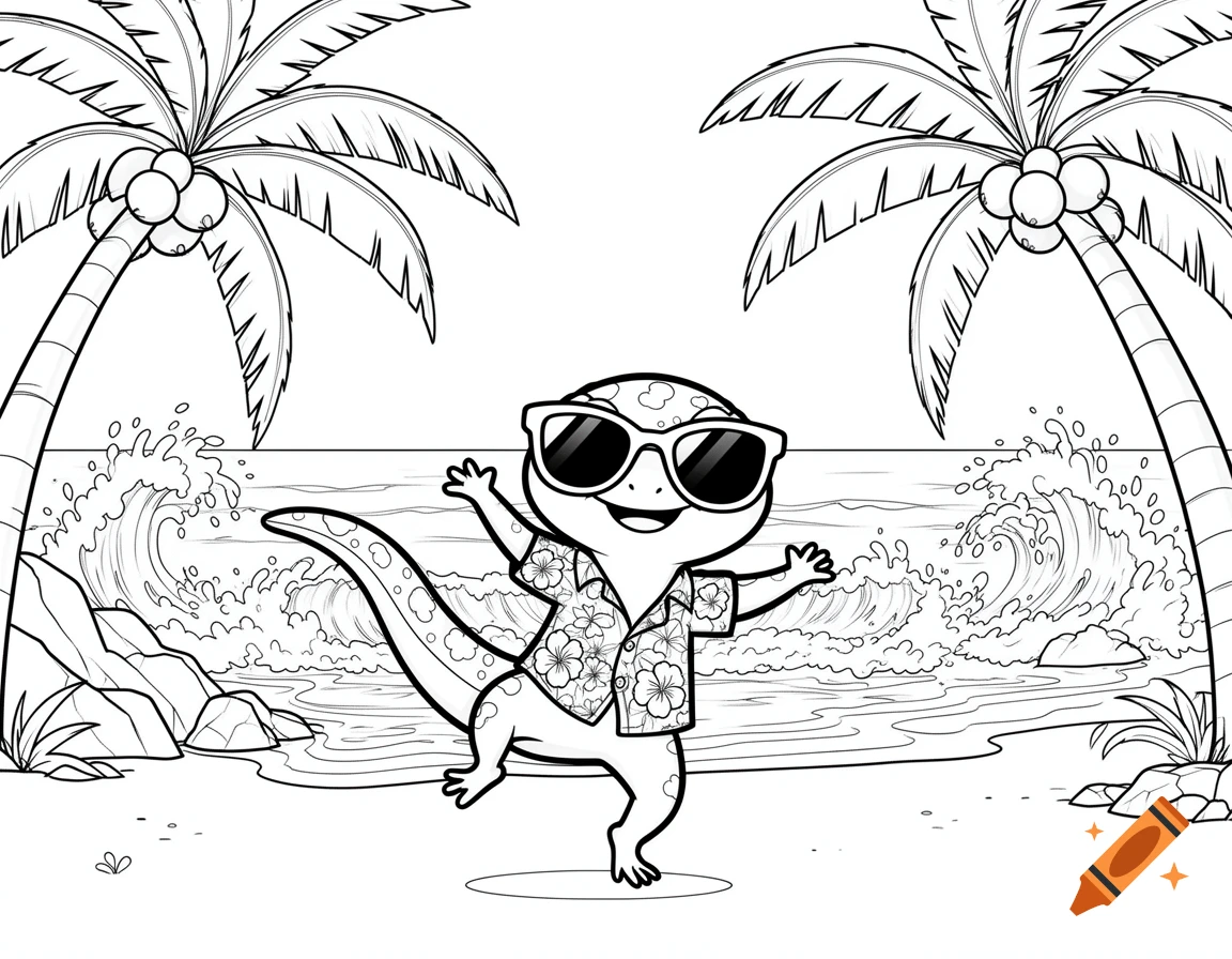 Black and white line art coloring page of a happy cartoon salamander in sunglasses and a Hawaiian shirt dancing on a tropical beach.