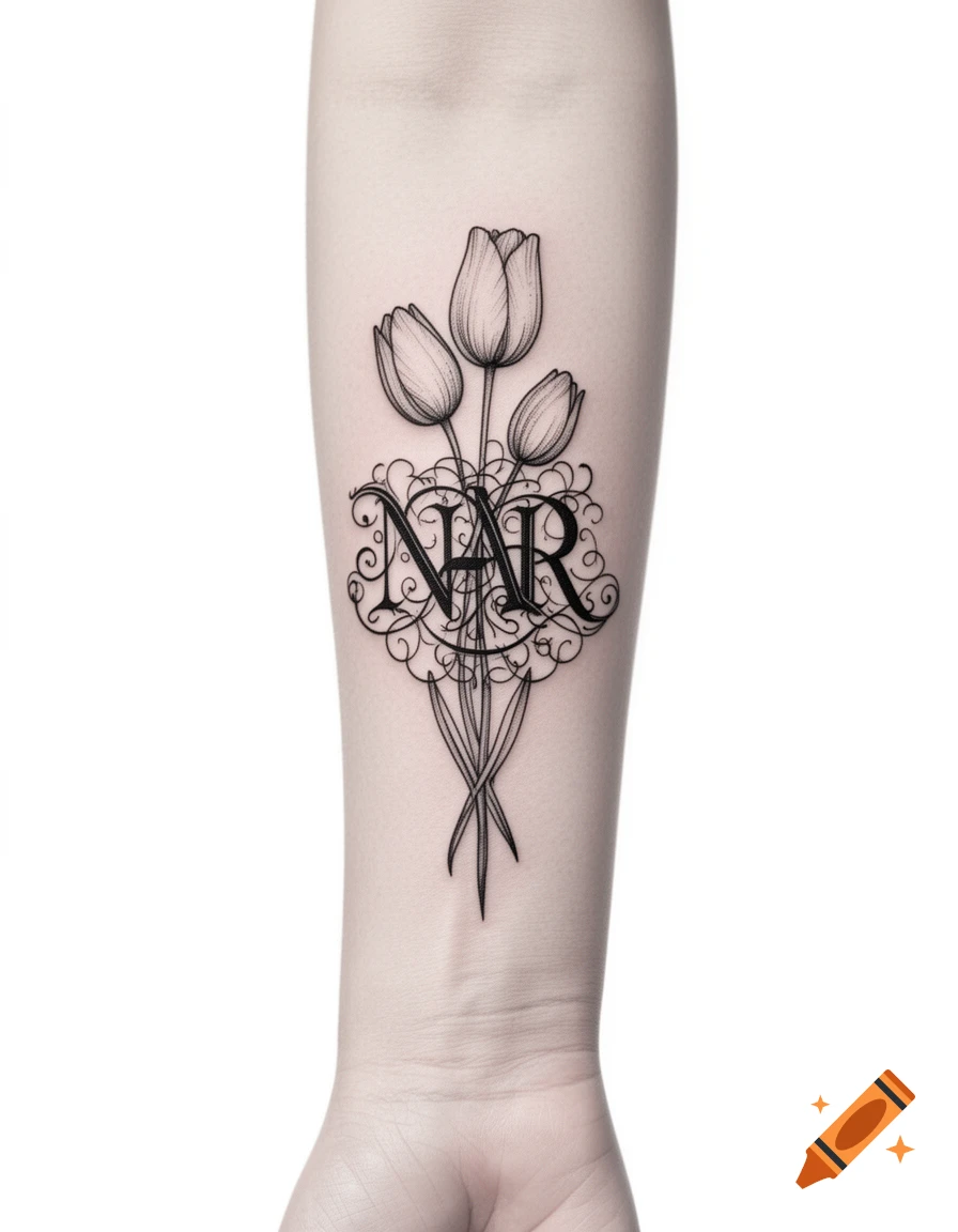 A fine line black ink tattoo on a forearm featuring three minimalist tulips and an ornate 'NAR' monogram.