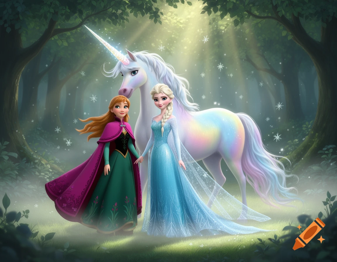 Anna and Elsa stand with a rainbow unicorn in a magical forest, light beams through trees and snowflakes fall.