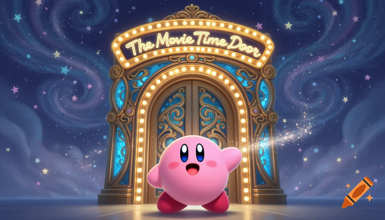 Kirby stands in front of an ornate, glowing 'The Movie Time Door' under a starry, swirling night sky.