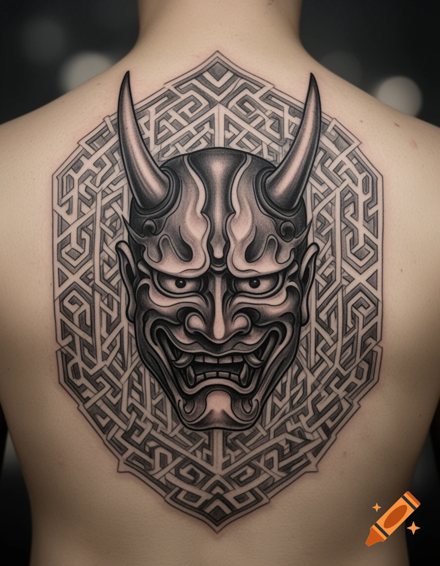 Full-scale back tattoo of a black and gray Hannya mask with an ornamental geometric background.