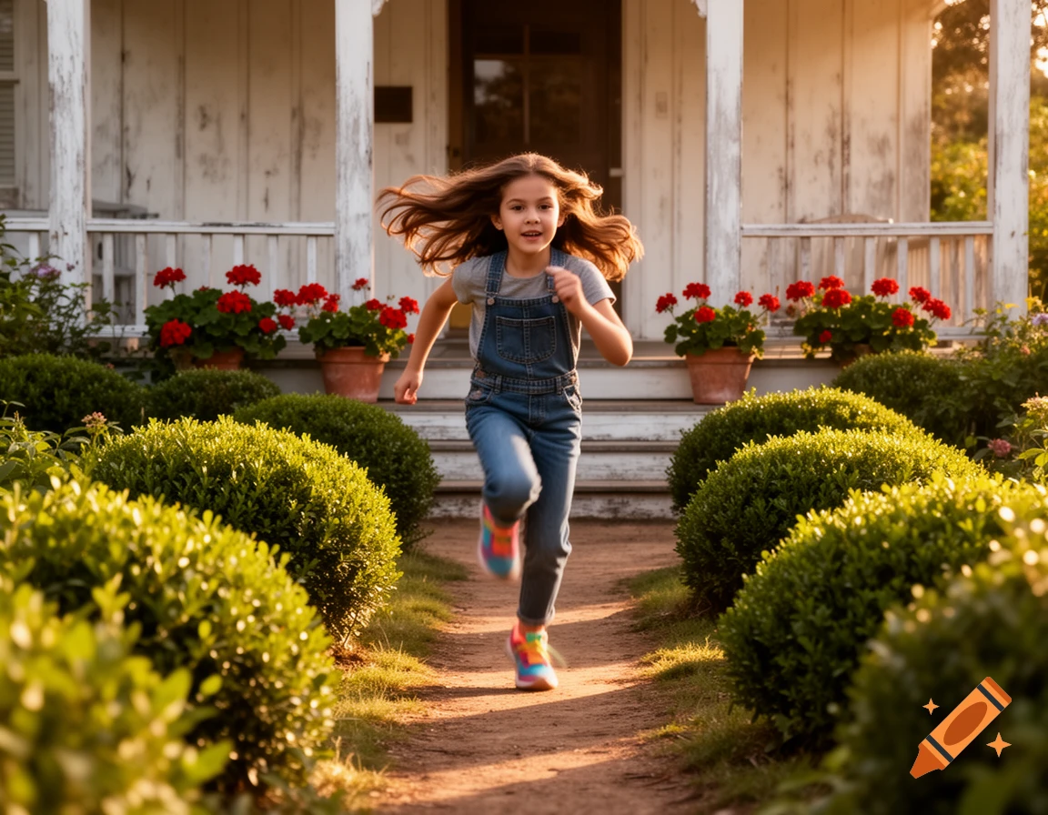 A young girl with long brown hair, wearing denim overalls, runs down a dirt path between green shrubs away from a white house with a porch.