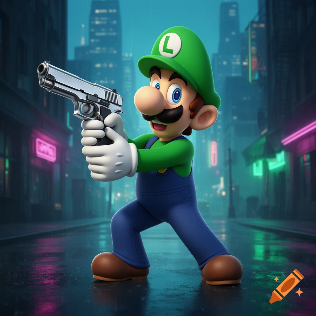 Luigi, the video game character, holds a realistic silver handgun while standing on a wet street in a neon-lit futuristic city.