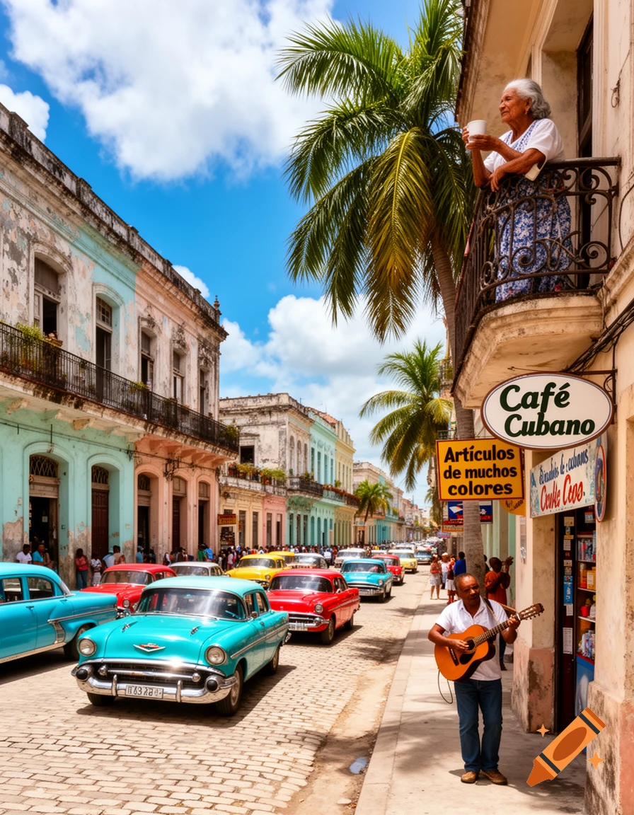 A vibrant street in Old Havana, Cuba, with colorful classic cars, an elderly woman on a balcony, and a man playing guitar on the sidewalk.