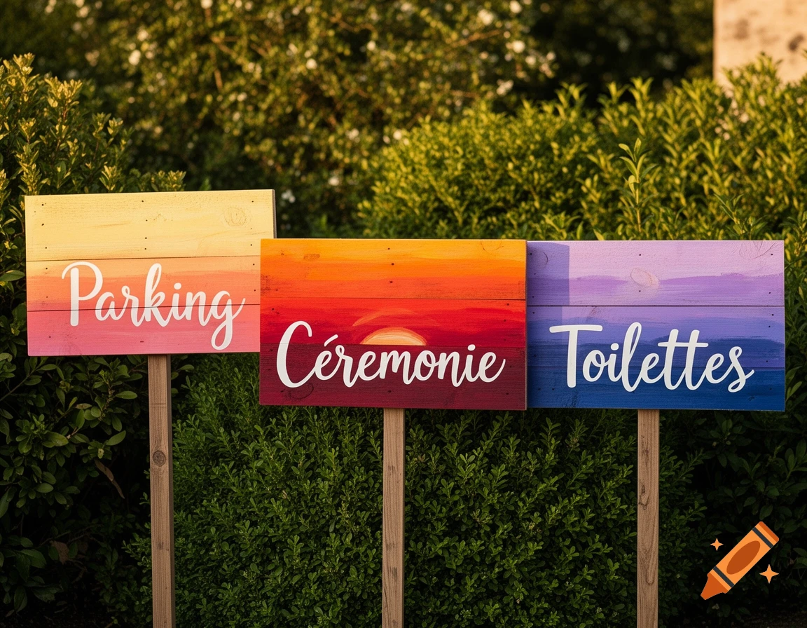 Three colorful wooden signs in a garden reading Parking, Cérémonie, and Toilettes, depicting a sunset color theme.