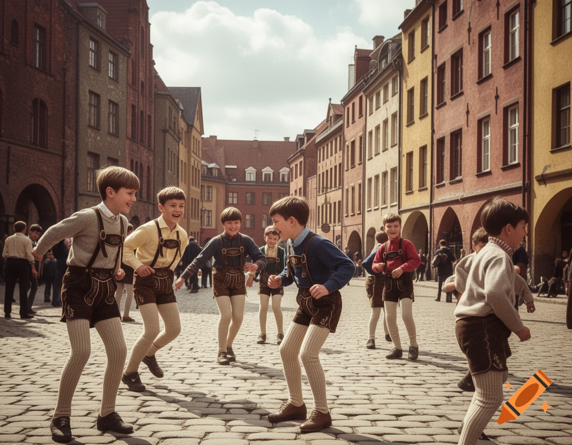 Group of boys in traditional lederhosen and tights running and playing on a cobblestone street in an old European town, photorealistic.